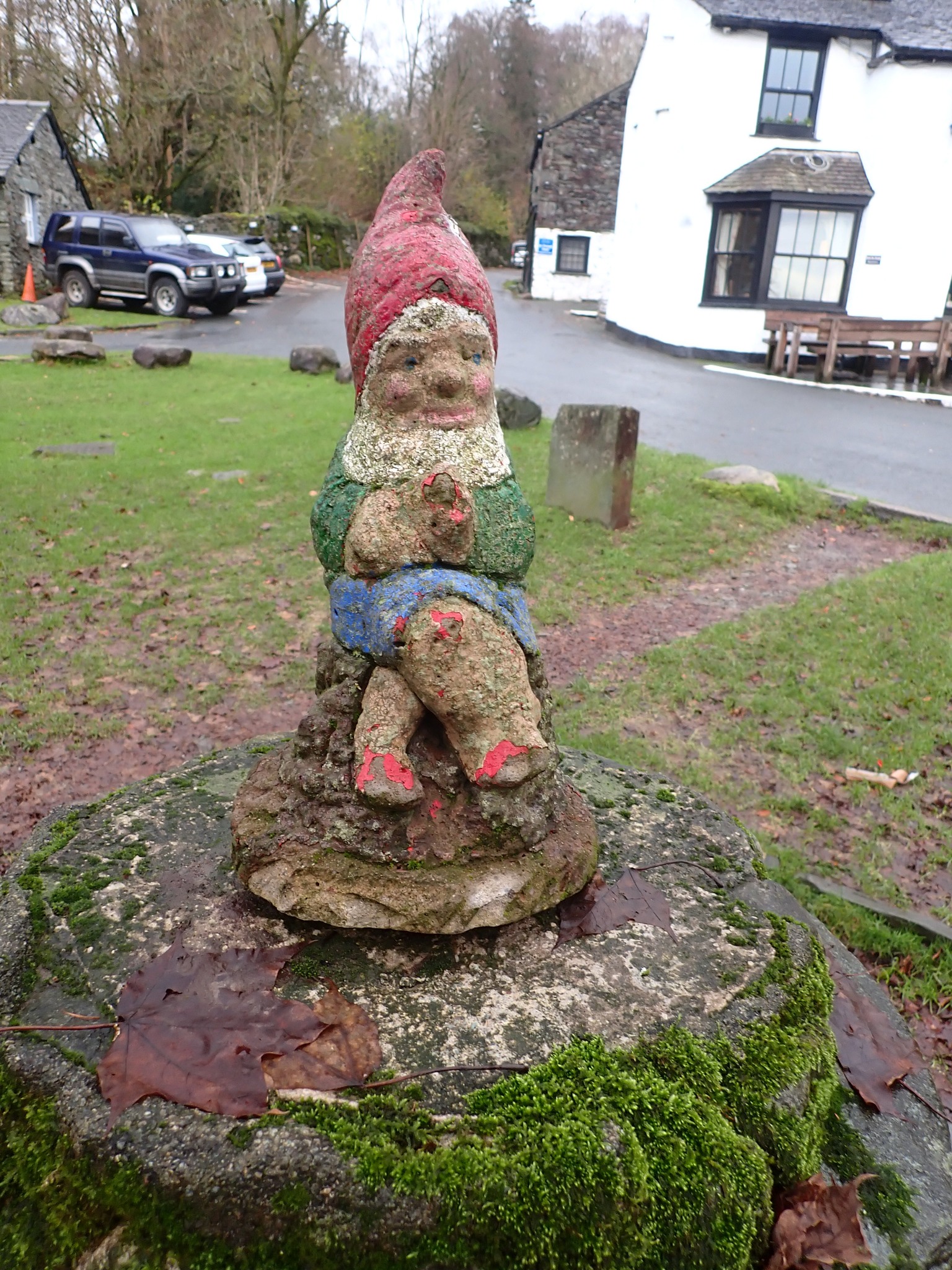 The gnome by our meeting point in Elterwater. There's Lecidella scabra on his plinth.