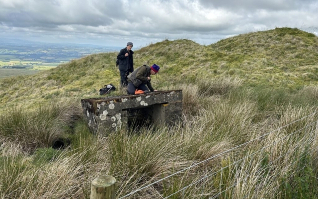 Chris and Pete examining lichens on roof of old structure at Hartside Mine