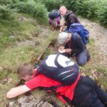 Cumbria lichenologists inspecting a metal pipe