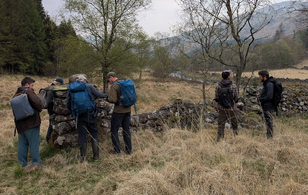Bryologists inspecting a dry-stone wall